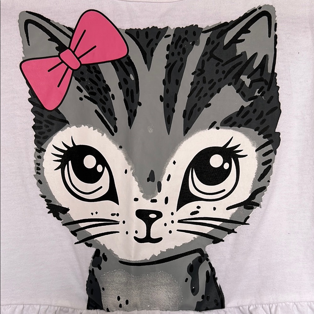 Gray Cat Print dress with Pink Bow